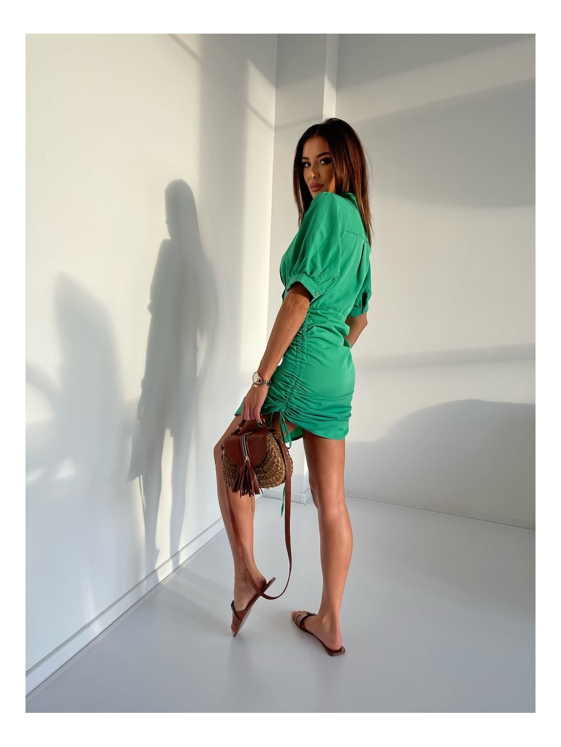 Shirt dress with ruffles on the sides, green FG649 - Online store - Boutique